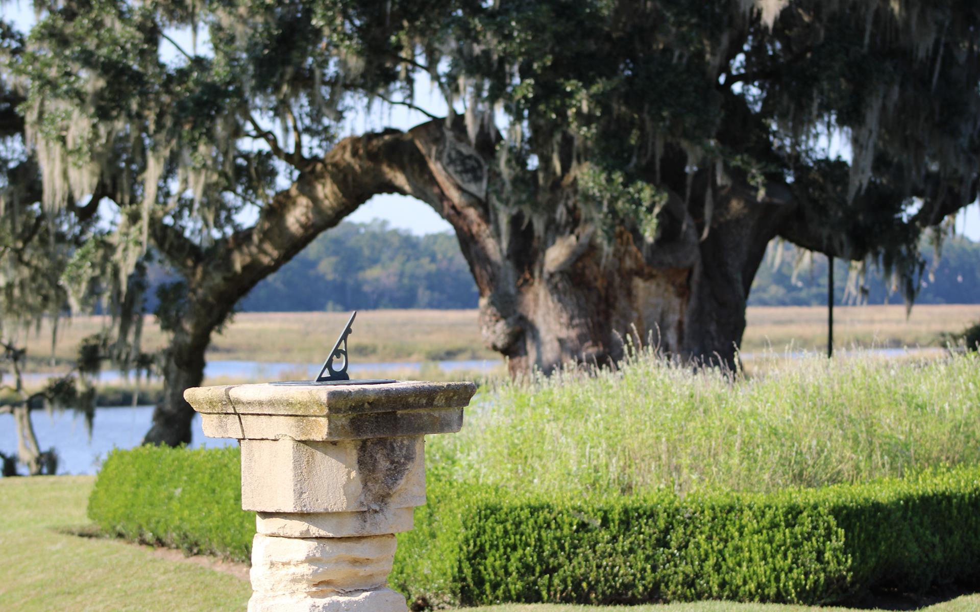 A sun dial on a stone pillar with a big tree behind it